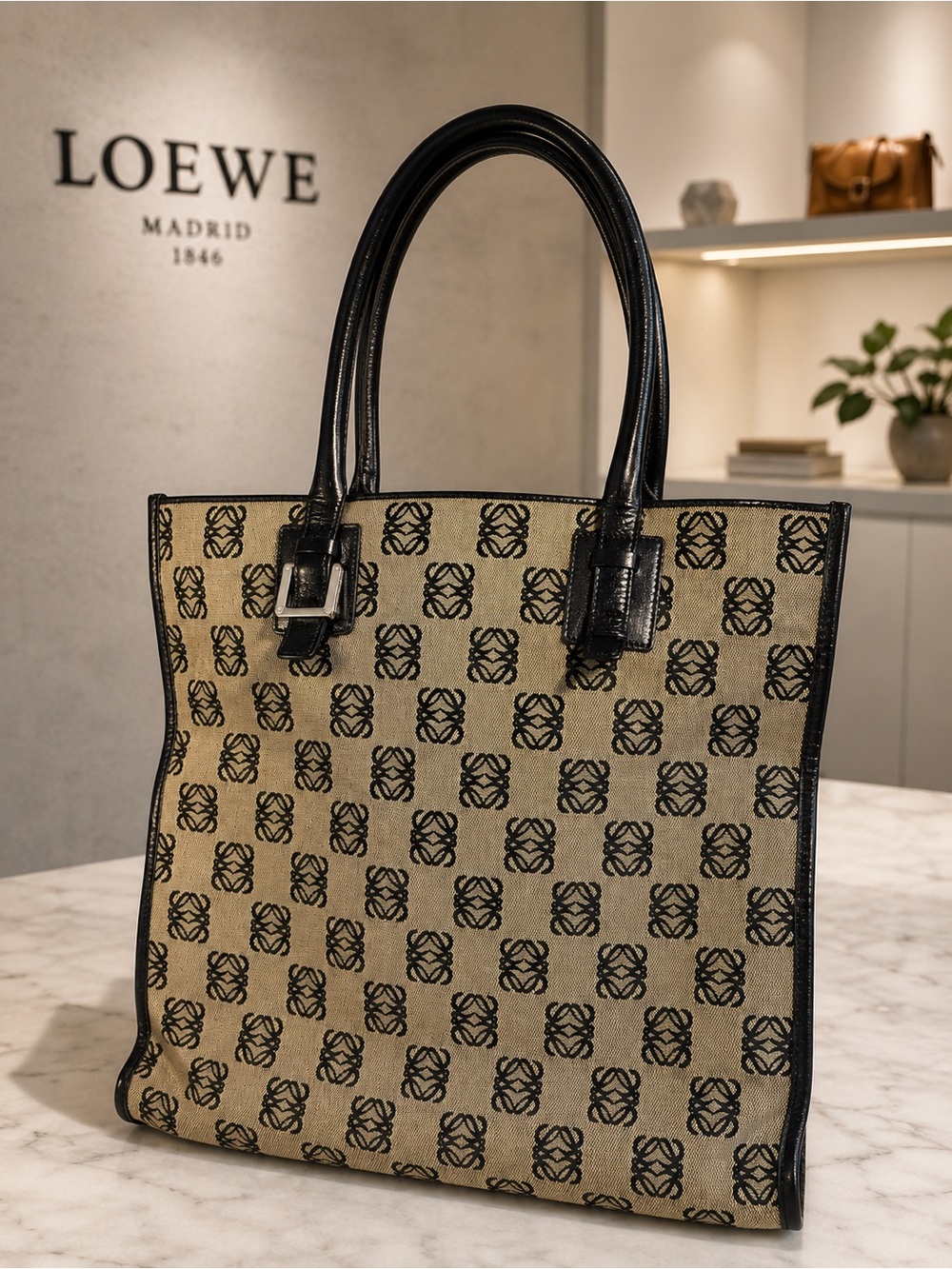 Vintage Loewe Monogram Canvas Tote Bag